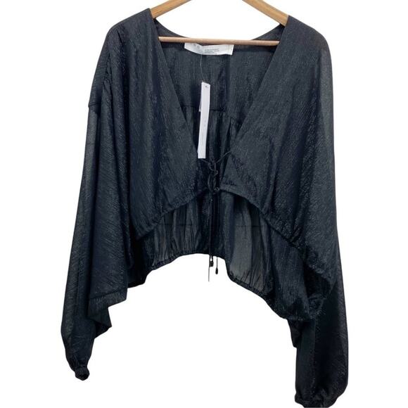 NEW IRO‎ Womens 44 (12) Drinera Puff-Sleeve Crop Top Shimmery Black Front Tie - Picture 2 of 10